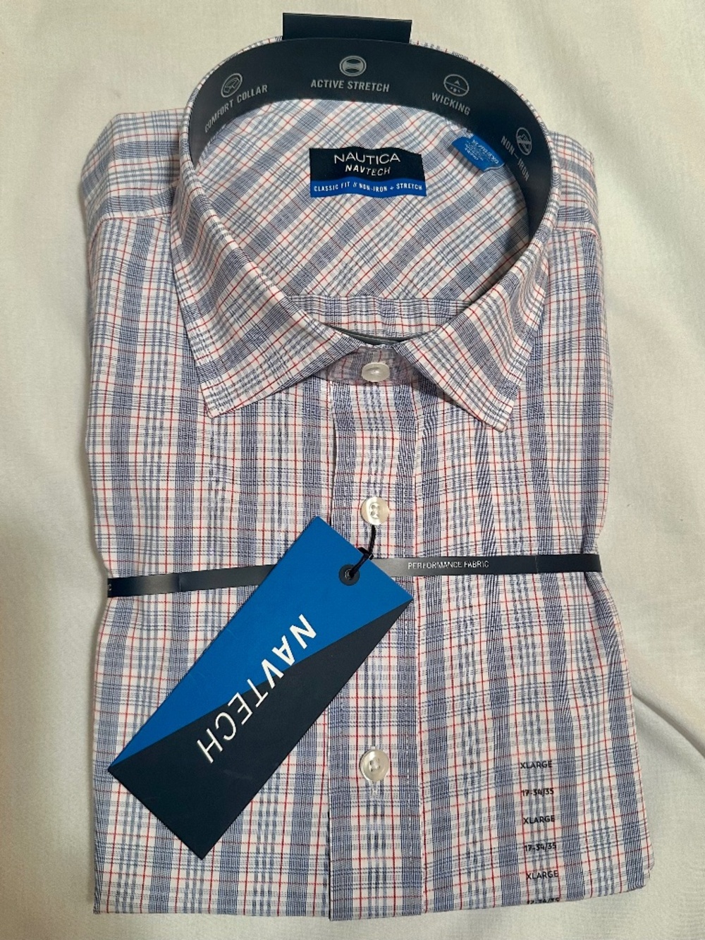 Nautica; 17" light blue, plaid shirt;